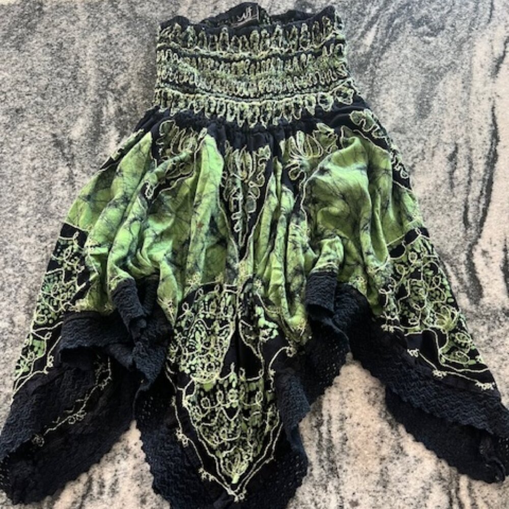 Tie-dye dress‎ skirt shirring bodice intricate light green embroidery bohemian